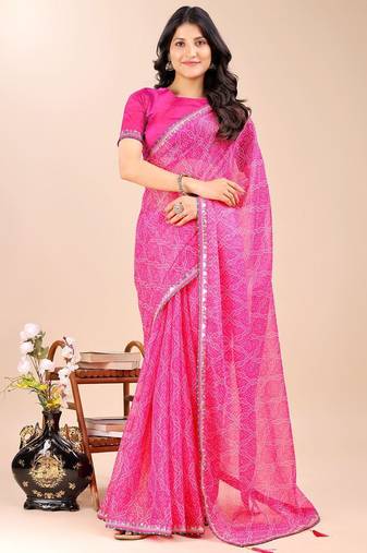 pink bandhani gotta patti pure chiffon bandhani saree