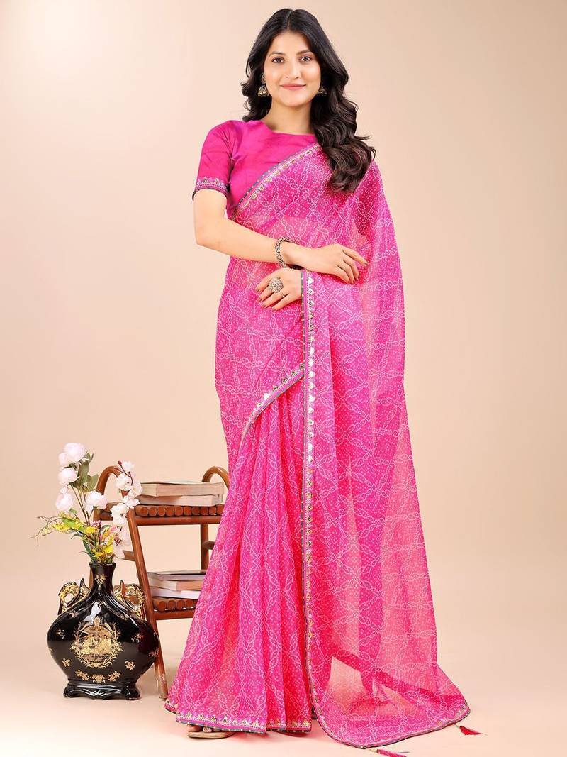 pink bandhani gotta patti pure chiffon bandhani saree