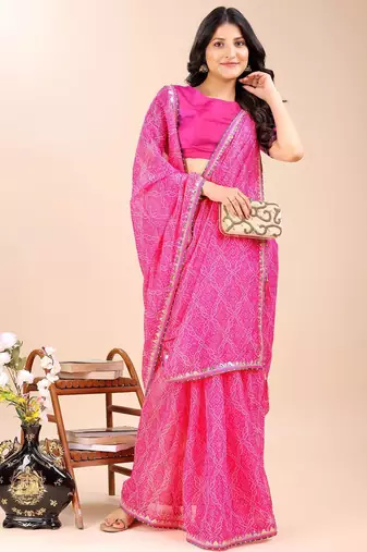 pink bandhani gotta patti pure chiffon bandhani saree