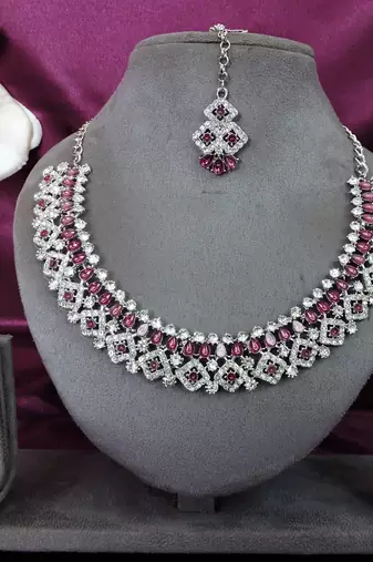 Purple color rhodium plating festive wear designer necklace set