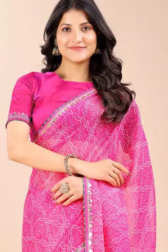 pink bandhani gotta patti pure chiffon bandhani saree