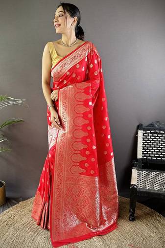 red woven design zari silk blend banarasi saree