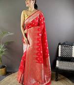 red woven design zari silk blend banarasi saree