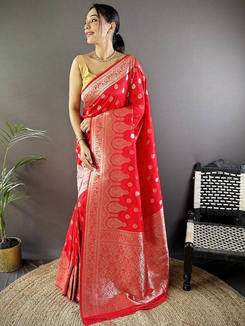 red woven design zari silk blend banarasi saree