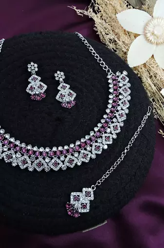 Purple color rhodium plating festive wear designer necklace set
