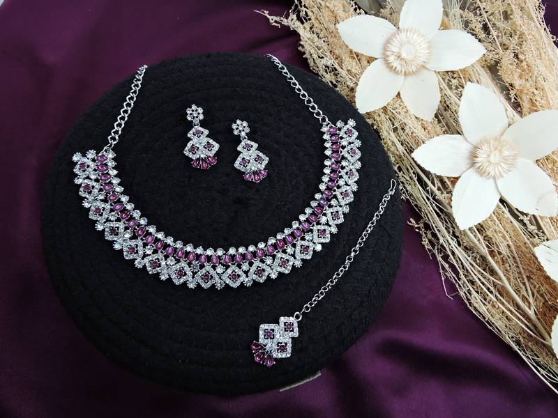 Purple color rhodium plating festive wear designer necklace set
