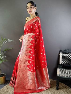 red woven design zari silk blend banarasi saree 2