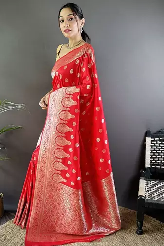 red woven design zari silk blend banarasi saree