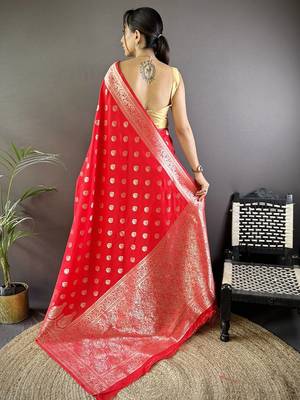 red woven design zari silk blend banarasi saree 3