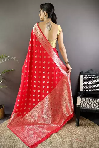 red woven design zari silk blend banarasi saree