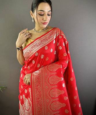 red woven design zari silk blend banarasi saree 4
