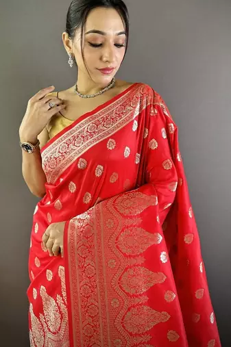 red woven design zari silk blend banarasi saree
