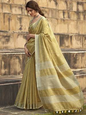 mustard women zari saree with unstitched blouse piece 1