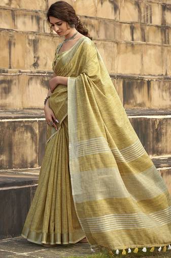 mustard women zari saree with unstitched blouse piece