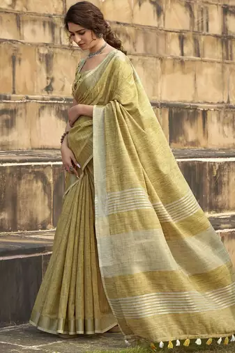 mustard women zari saree with unstitched blouse piece