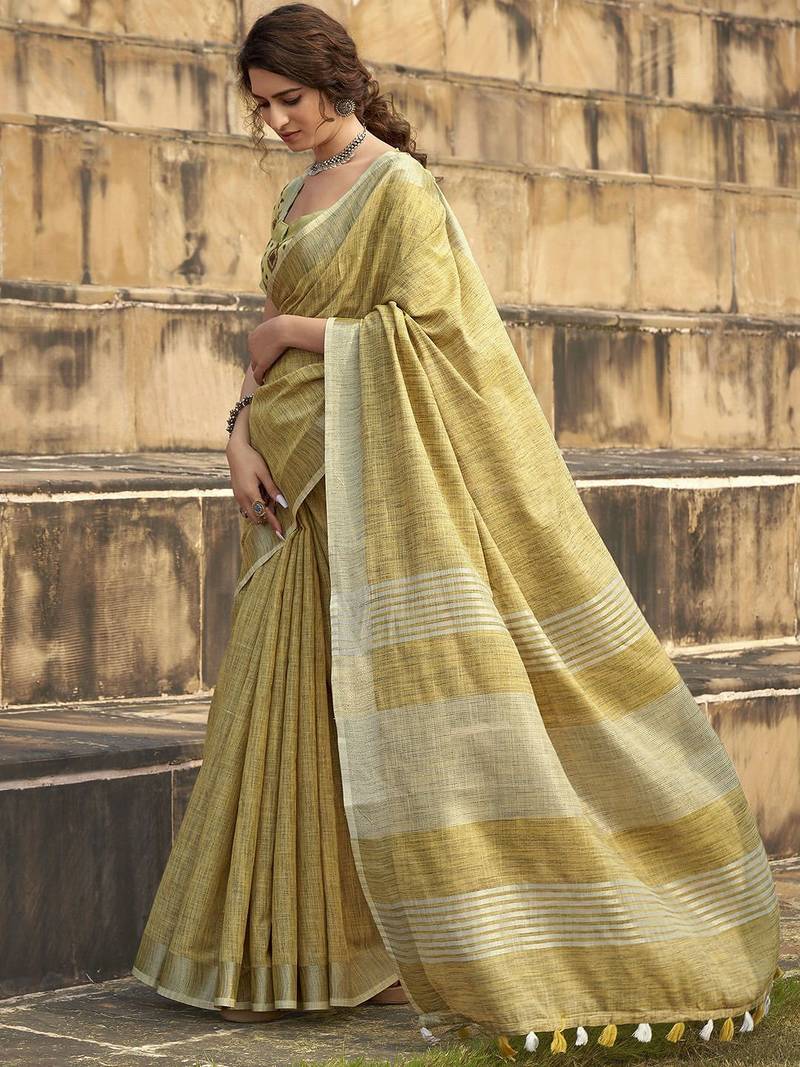 mustard women zari saree with unstitched blouse piece