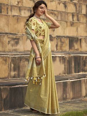 mustard women zari saree with unstitched blouse piece 2