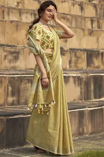 mustard women zari saree with unstitched blouse piece