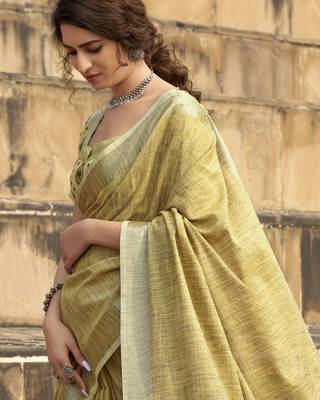 mustard women zari saree with unstitched blouse piece 3