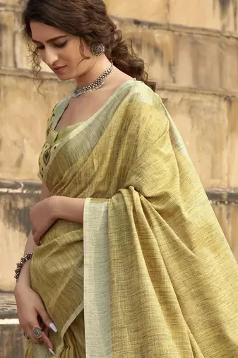 mustard women zari saree with unstitched blouse piece