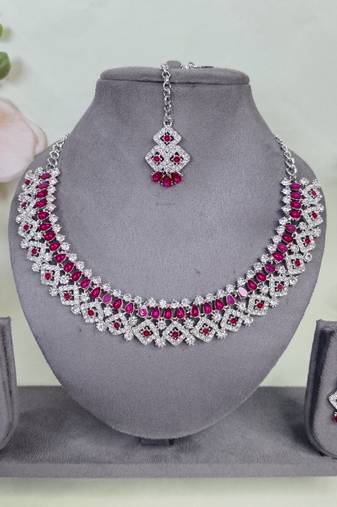 Pink color rhodium plating festive wear designer necklace set