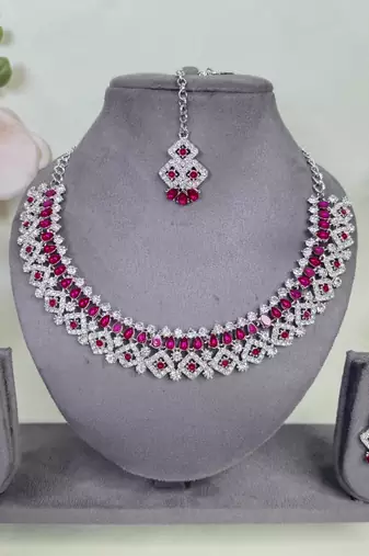Pink color rhodium plating festive wear designer necklace set