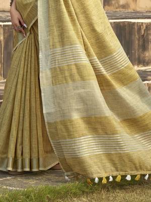 mustard women zari saree with unstitched blouse piece 4