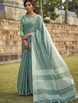 green women zari striped saree with blouse piece 1