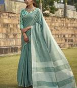 green women zari striped saree with blouse piece