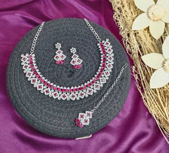 Pink color rhodium plating festive wear designer necklace set 2