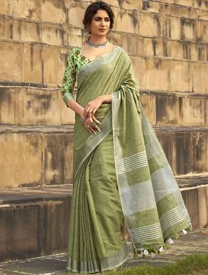 green woven zari linen saree with unstitched blouse piece 1