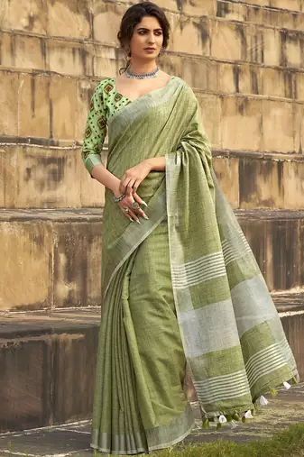 green woven zari linen saree with unstitched blouse piece