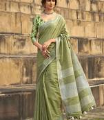 green woven zari linen saree with unstitched blouse piece