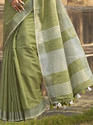 green woven zari linen saree with unstitched blouse piece 4