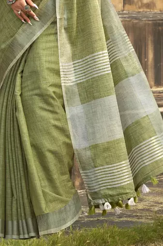 green woven zari linen saree with unstitched blouse piece