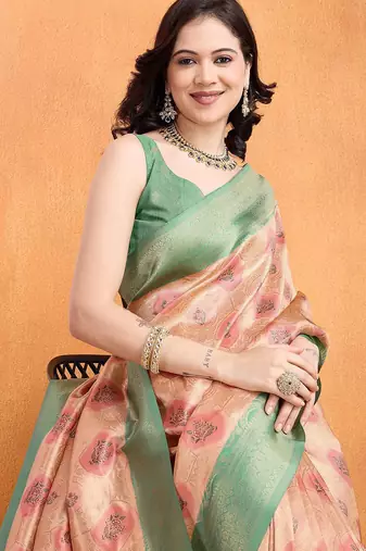 peach woven design zari banarasi saree