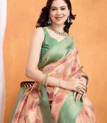 peach woven design zari banarasi saree