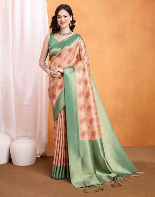 peach woven design zari banarasi saree 2