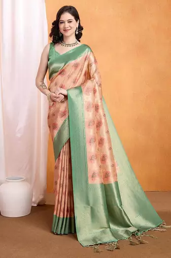peach woven design zari banarasi saree