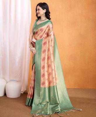 peach woven design zari banarasi saree 3