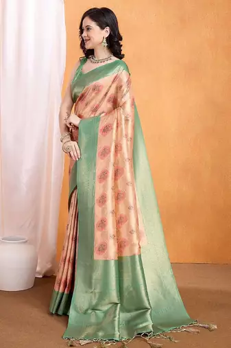 peach woven design zari banarasi saree
