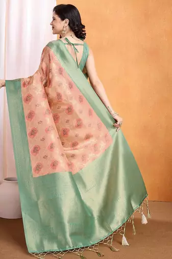 peach woven design zari banarasi saree