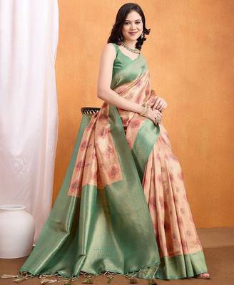 peach woven design zari banarasi saree 5