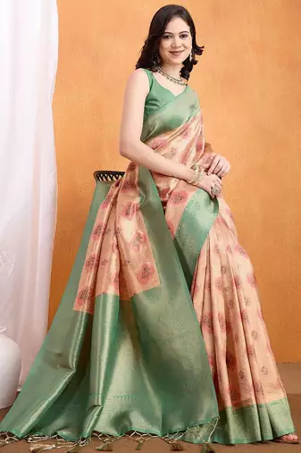 peach woven design zari banarasi saree