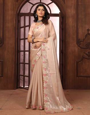 peach floral embroidered poly chiffon saree 1