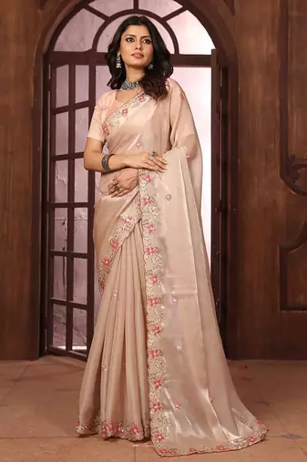 peach floral embroidered poly chiffon saree
