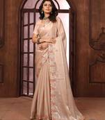 peach floral embroidered poly chiffon saree