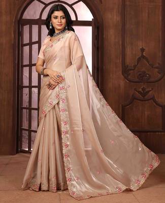 peach floral embroidered poly chiffon saree 2