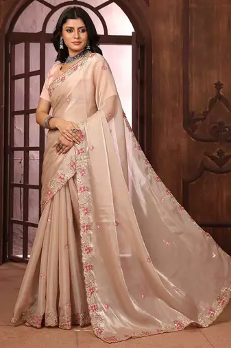 peach floral embroidered poly chiffon saree