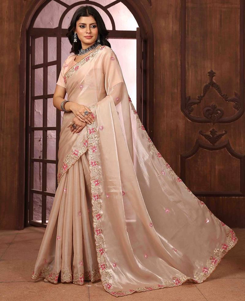 peach floral embroidered poly chiffon saree